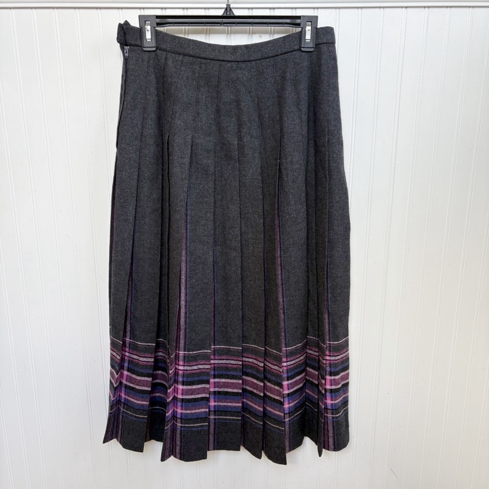 Pendleton Vintage Gray & Pink Plaid Pleated 100% Wool Midi Skirt Women’s Size 10